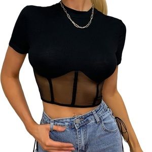 Black Mesh Crop Corset Tee L
